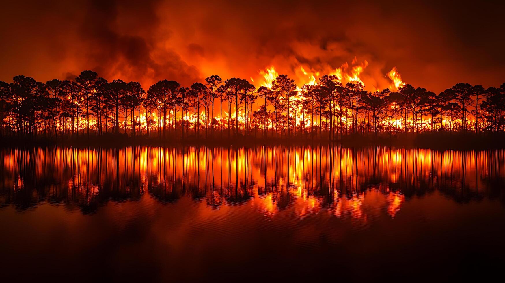 A forest engulfed in flames creates a dramatic reflection on the water. This image captures the intense heat and destruction of a wildfire. photo
