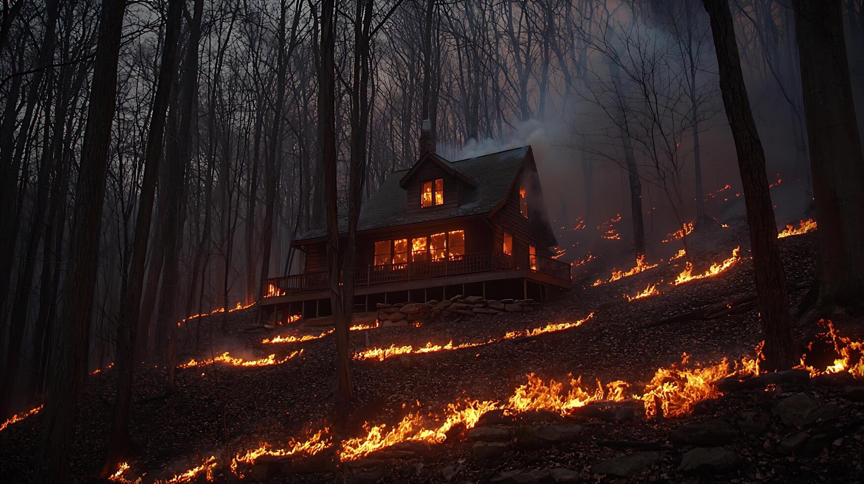 A wooden cabin engulfed in flames, surrounded by a forest fire at dusk. Flames are seen crawling up the hillside towards the structure, with smoke billowing from the roof and windows. photo