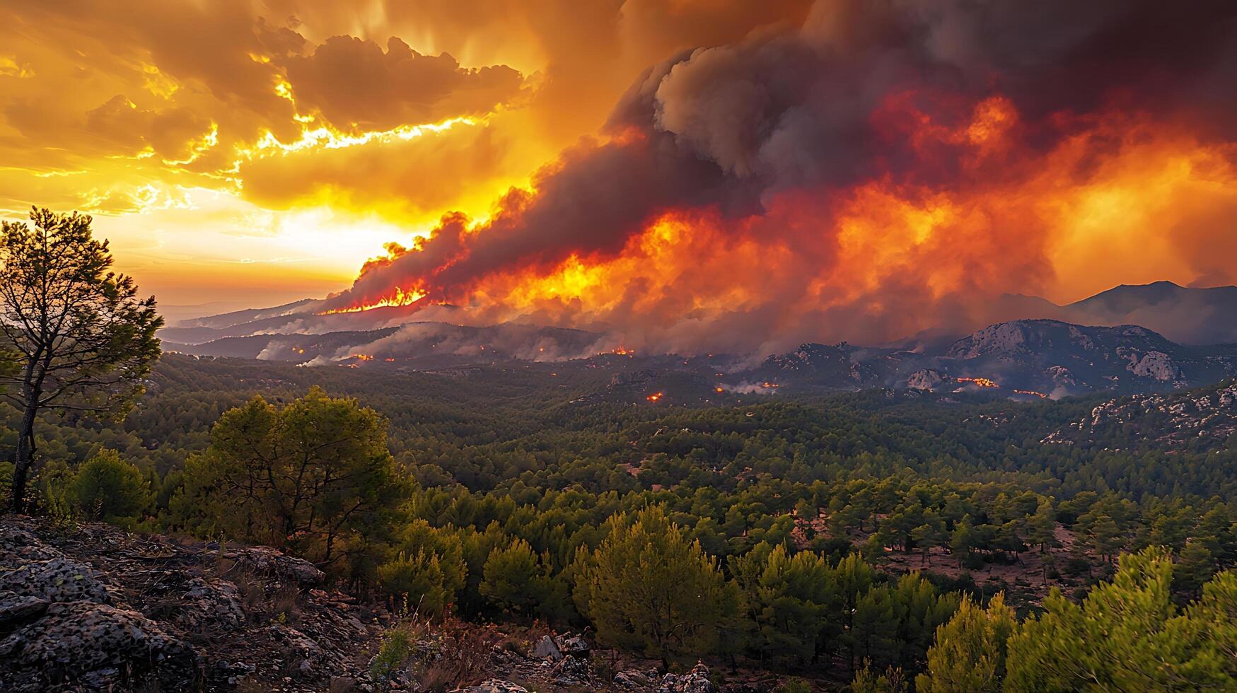 Dramatic wildfire rages across a forested mountain landscape under a fiery sunset sky. photo