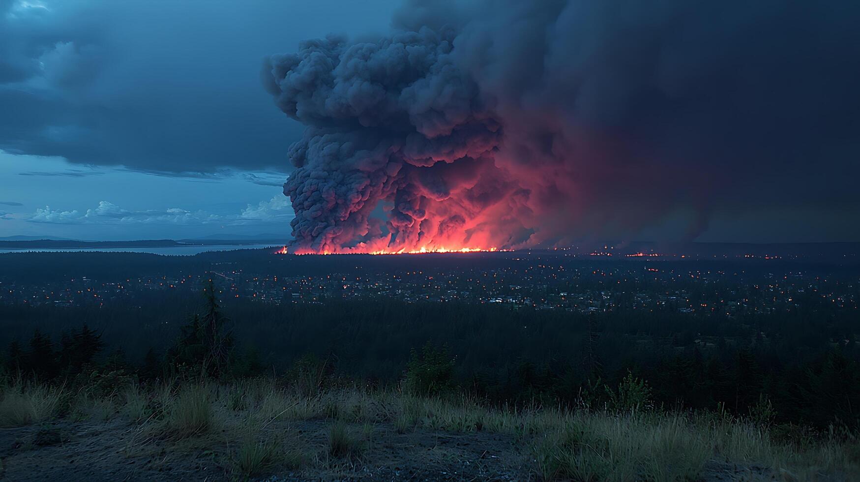 Massive wildfire engulfs forest and encroaches on a populated town at dusk. This dramatic scene captures the immense power and destructive nature of uncontrolled flames. photo