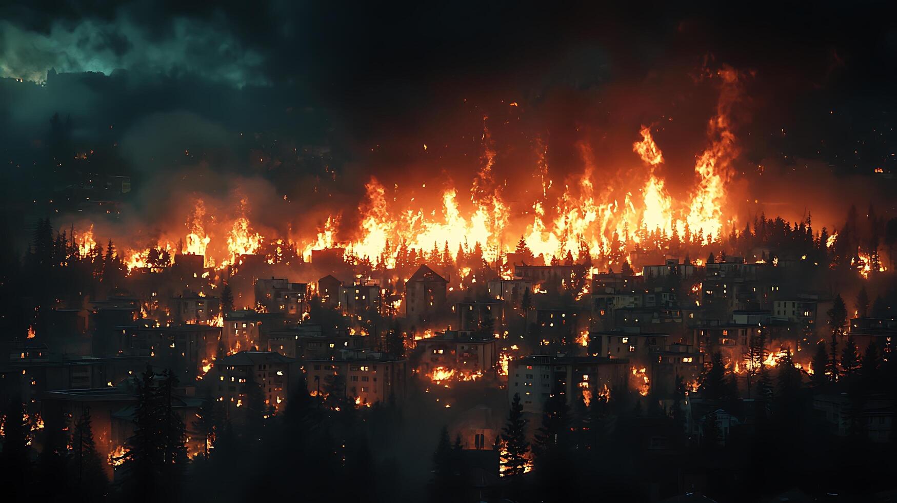 A city is engulfed in flames, with a wildfire raging through the surrounding trees and buildings. Smoke billows into the night sky, creating an apocalyptic scene. photo