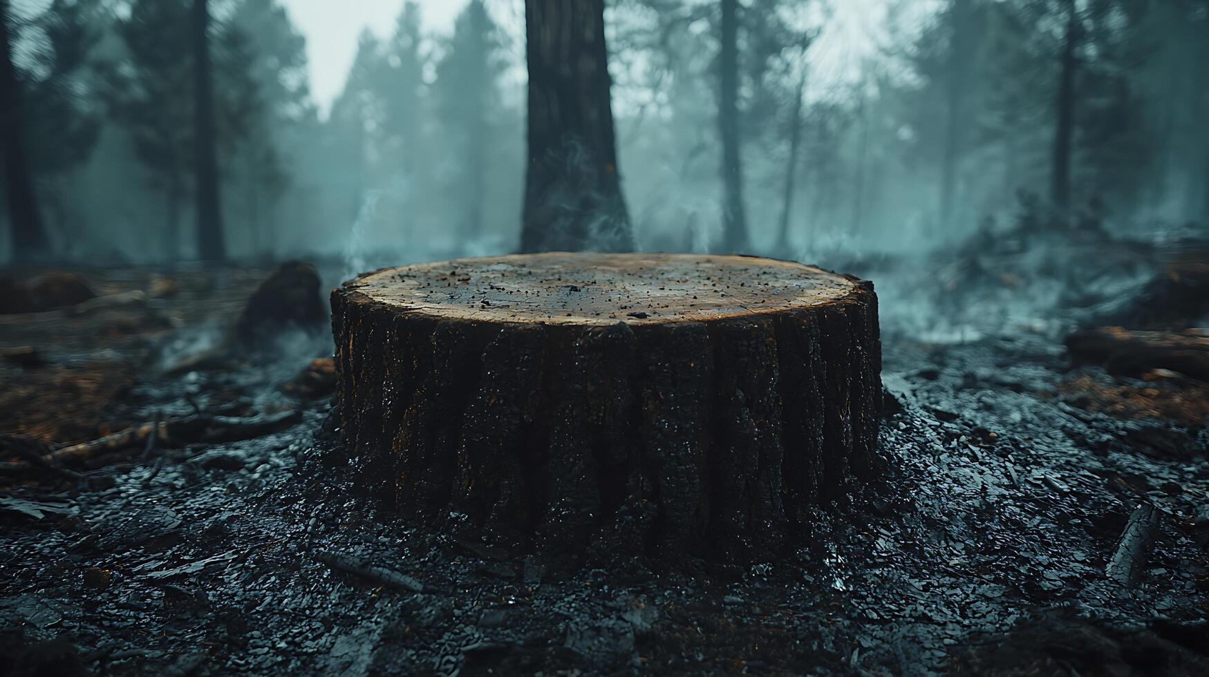 Smoldering forest scene with a prominent burnt tree stump. A thick mist or smoke hangs in the air, obscuring the background trees. photo