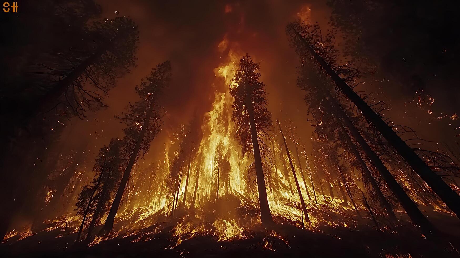 A forest burns intensely, with flames engulfing trees and smoke filling the sky. The scene depicts the destructive power of a wildfire from a low angle perspective. photo