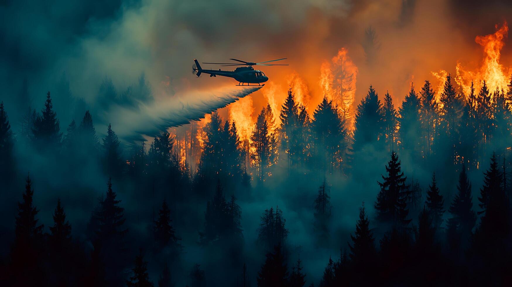 Helicopter battles raging forest fire with water drops. photo