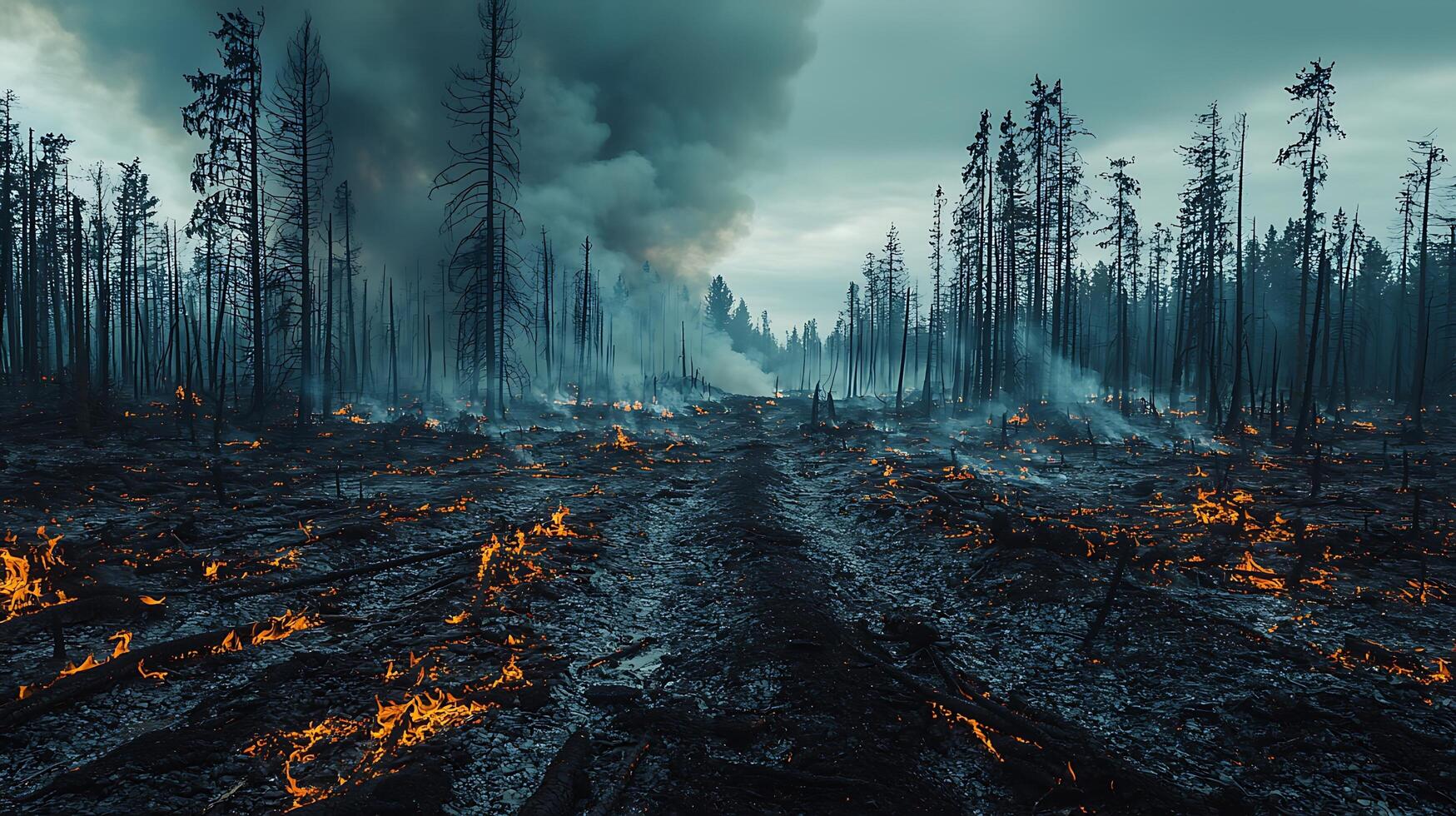 Devastating Forest Fire with Smoke and Embers. This image captures the raw power and destructive nature of a wildfire engulfing a forest, leaving behind a scene of charred trees and smoldering embers. photo