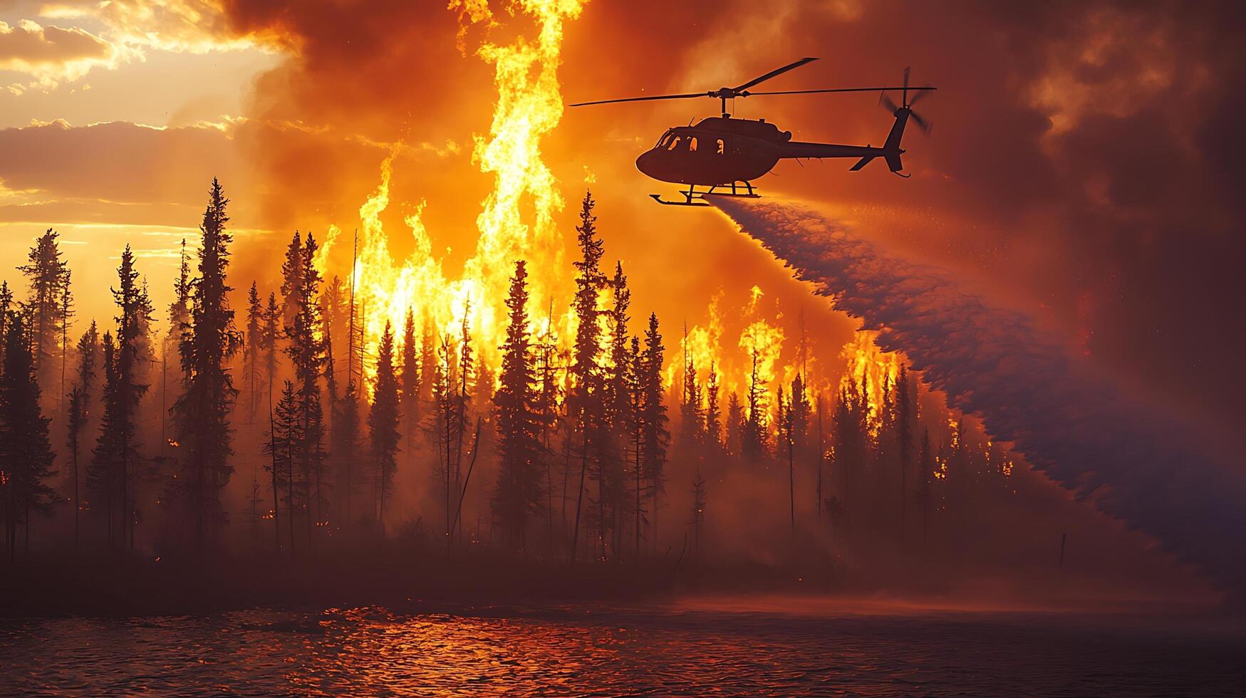 Helicopter bravely battles a raging forest fire at sunset, spraying water onto the flames. photo