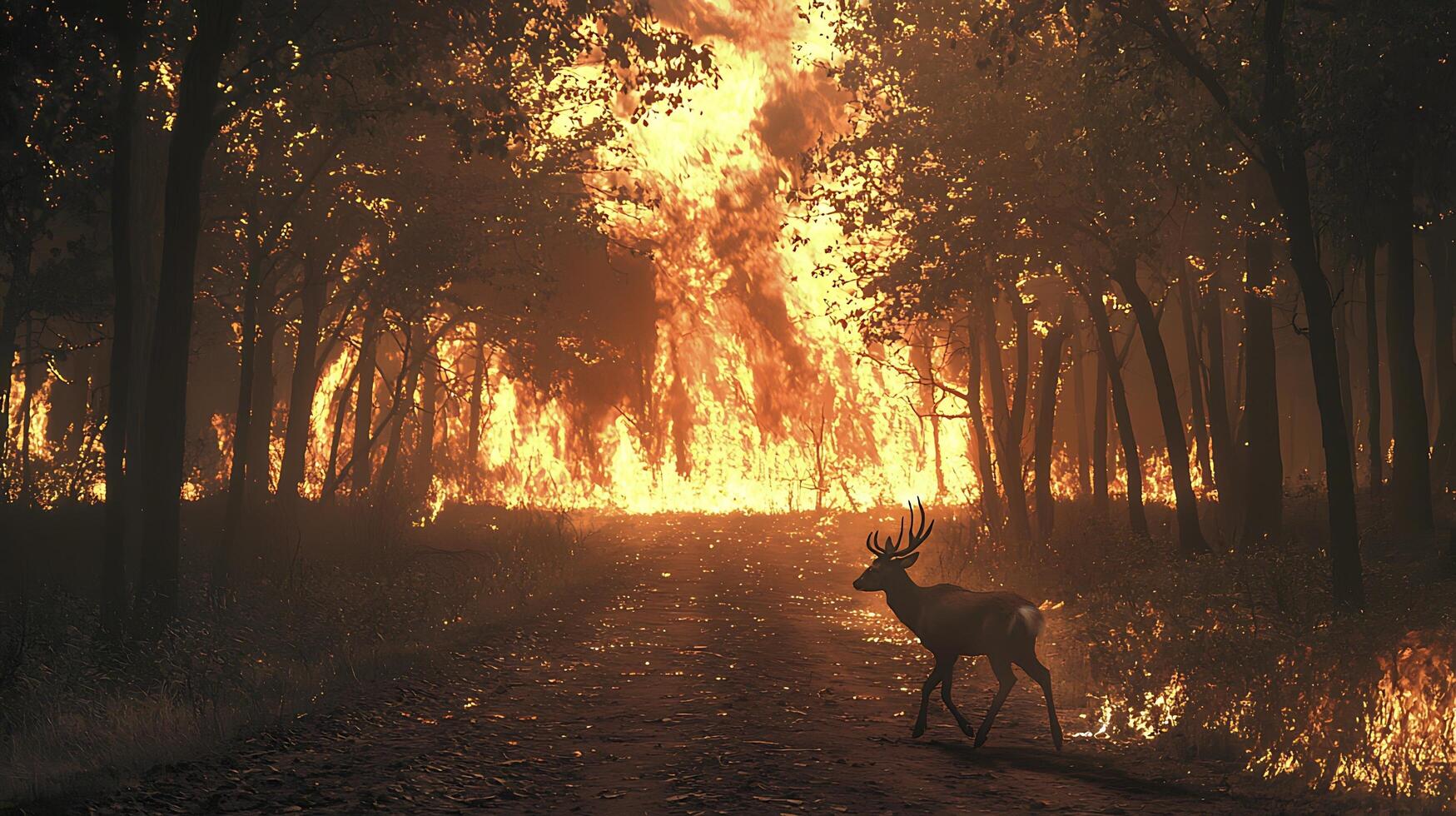 A lone deer walks through a fiery forest, escaping a raging wildfire. photo