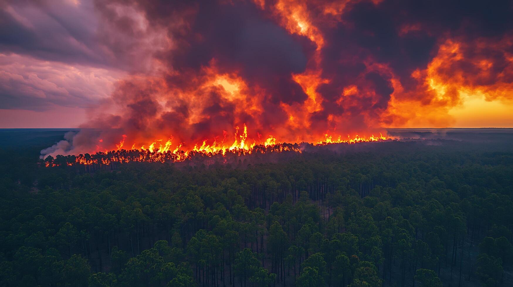Aerial view of a raging forest fire at sunset, engulfing trees in flames under a dramatic sky. photo