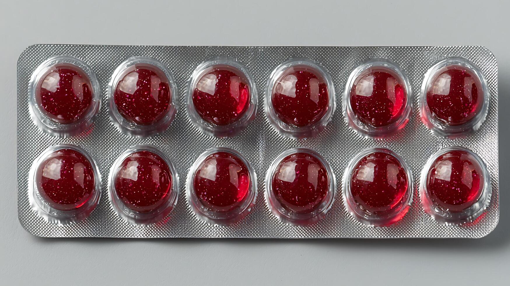 Shiny Red Capsules in Blister Pack. This image shows a pharmaceutical blister pack containing multiple bright red, gelatinous capsules with a subtle glitter effect. photo