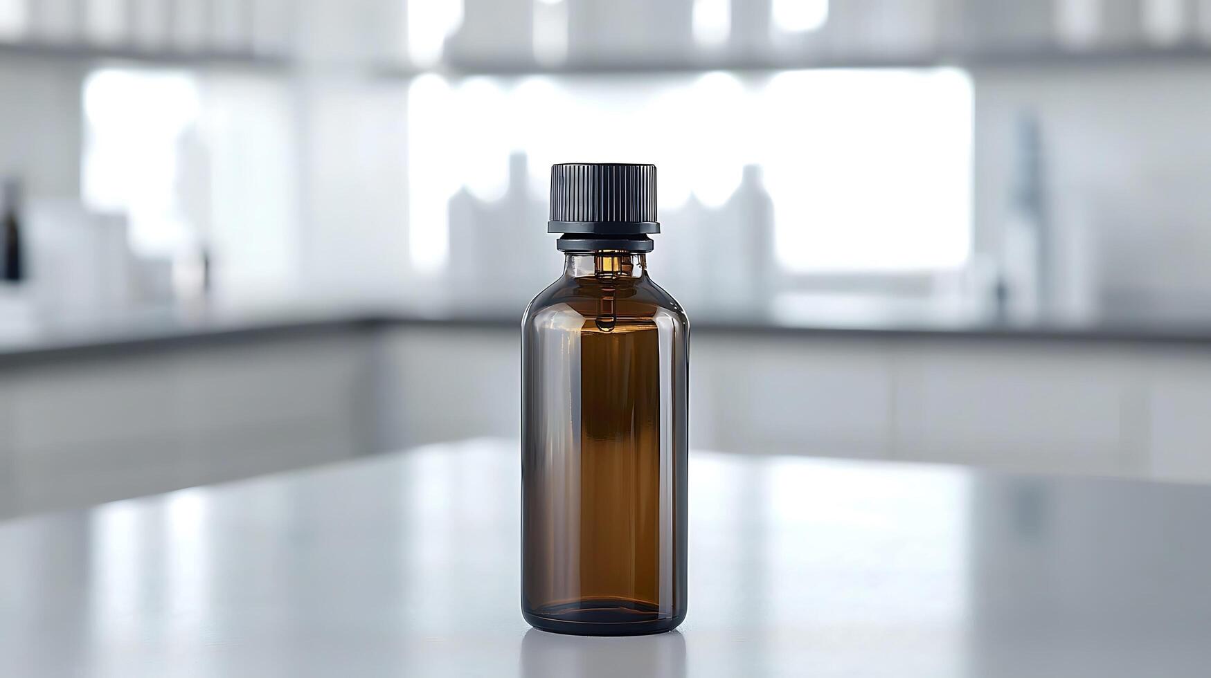 Amber glass bottle with dropper on a reflective surface. This essential oil bottle showcases its dark glass container and black screw cap against a softly blurred modern interior background. photo