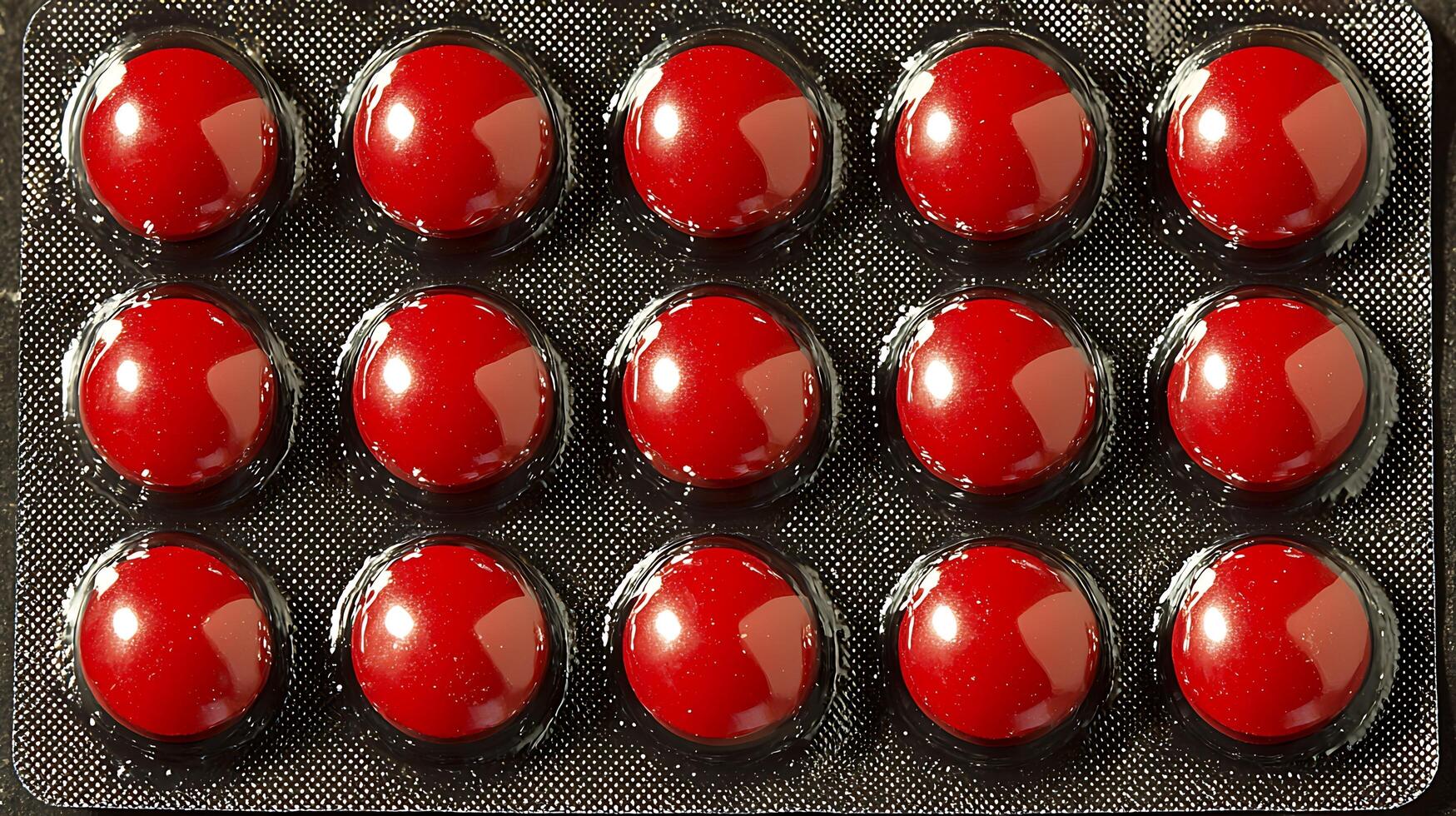 Close up of red pills in blister pack. This image captures the detailed texture and shiny surface of the medication. photo