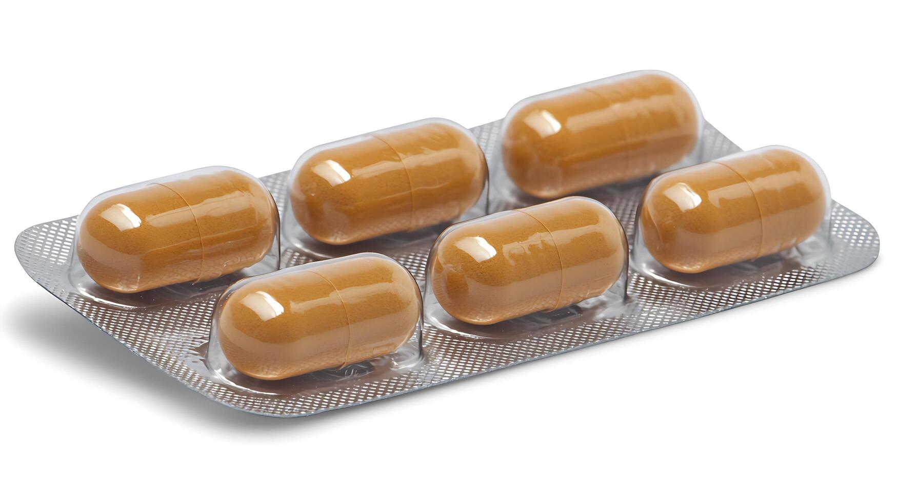 A blister pack contains six brown capsules against a clean white background. photo