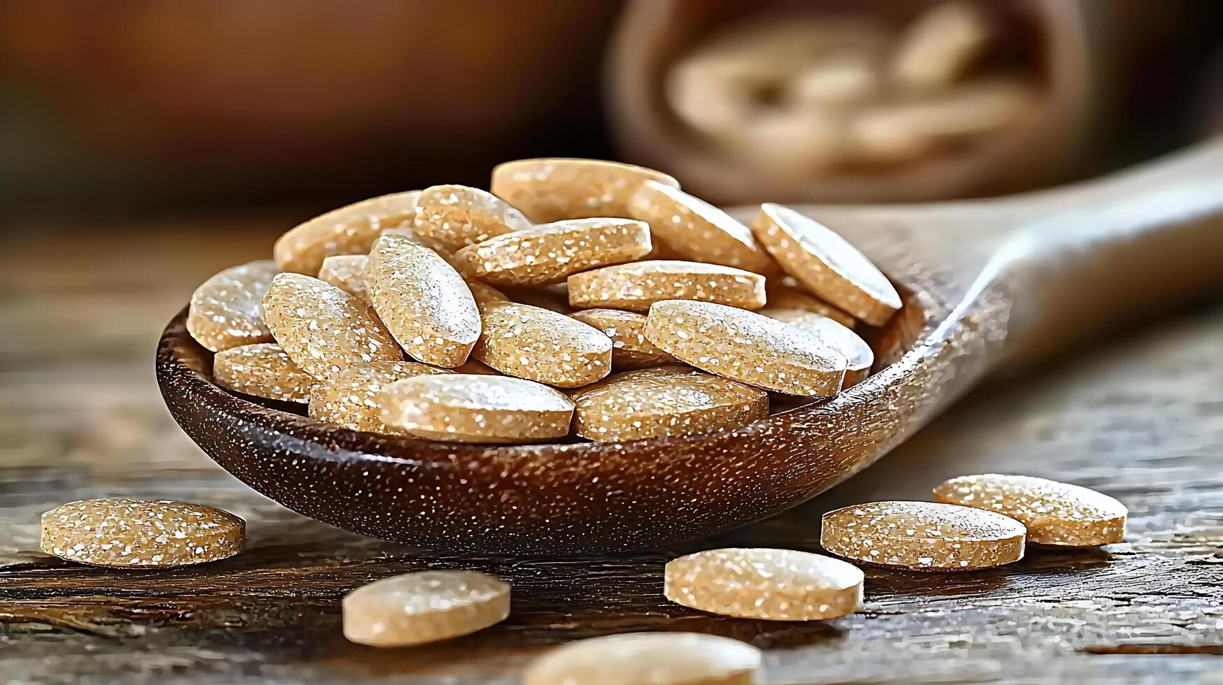 A wooden spoon overflowing with numerous oval shaped pills, scattered on a rustic wooden surface. photo