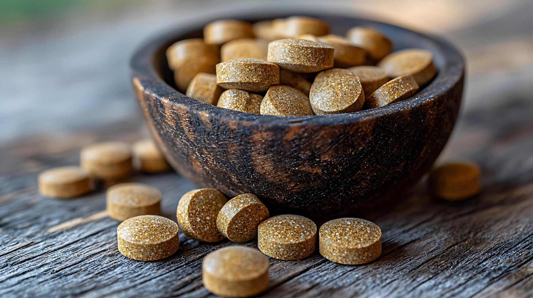 A rustic wooden bowl overflowing with nutritional supplement pills on a weathered table. Close up view of natural wellness and health aids. photo