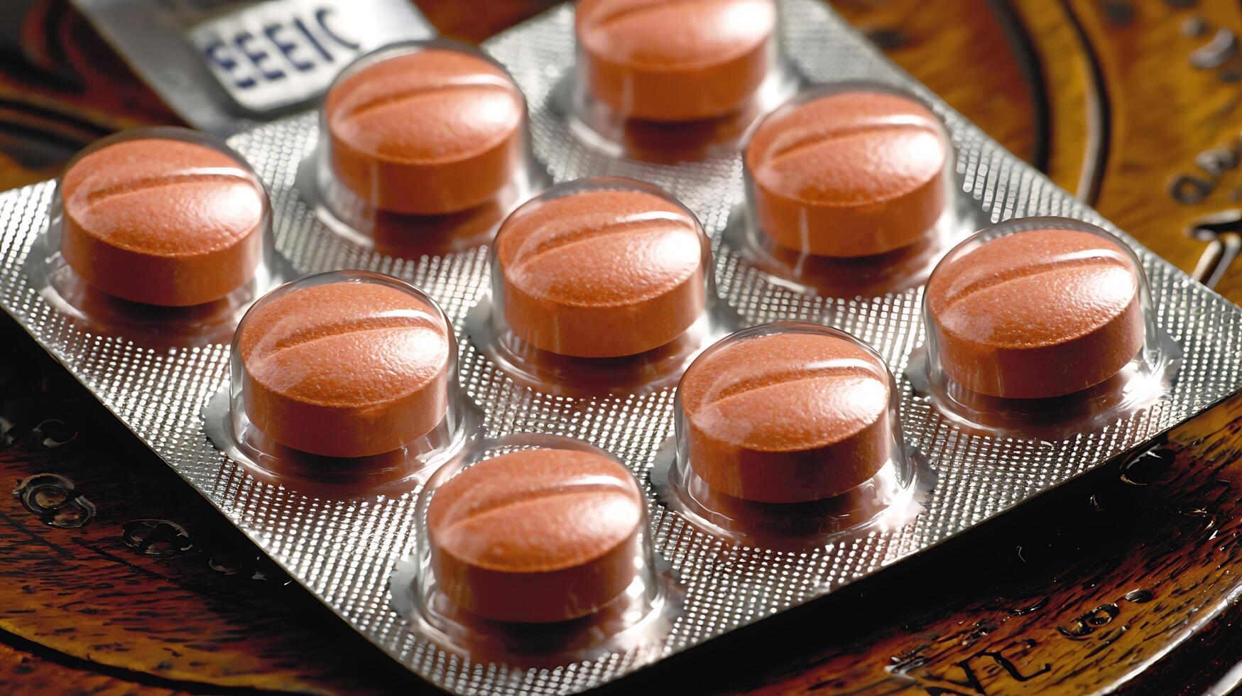 A Blister Pack of Orange Pills on a Textured Surface. photo