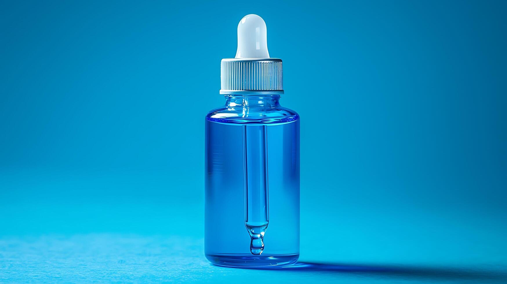 Dropper Bottle with Blue Liquid Against a Blue Background. photo