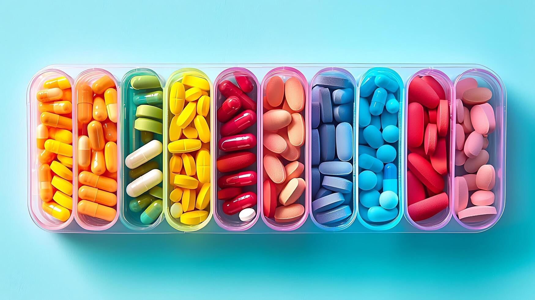A rainbow of health supplements neatly organized in a clear pill organizer. This image visually represents medication management and wellness routines. photo