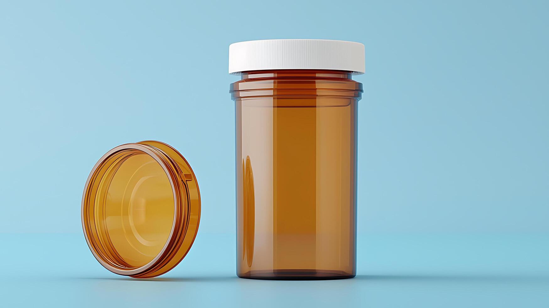 Amber pill bottle with white cap and its lid on a light blue background. photo