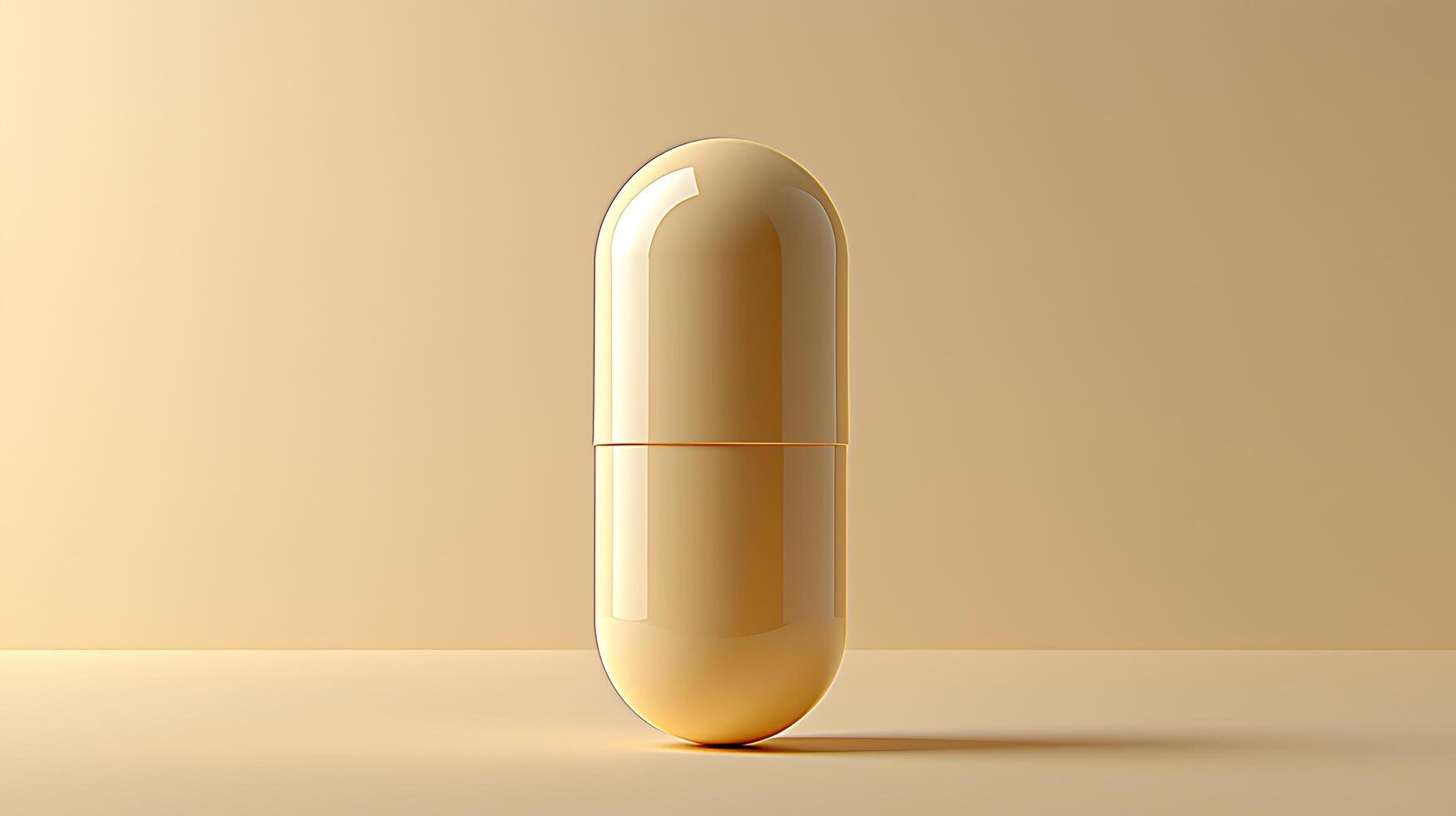 A single, smooth, golden capsule stands centered against a warm, neutral background. The studio lighting highlights its curved form and subtle sheen. photo