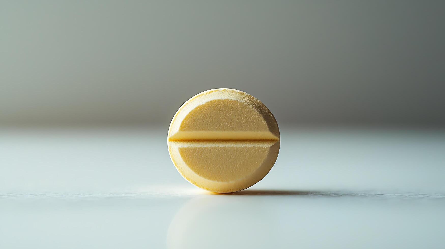 Macro shot of a single yellow pill with a dividing line. This detailed image showcases the texture and form of a pharmaceutical capsule. photo