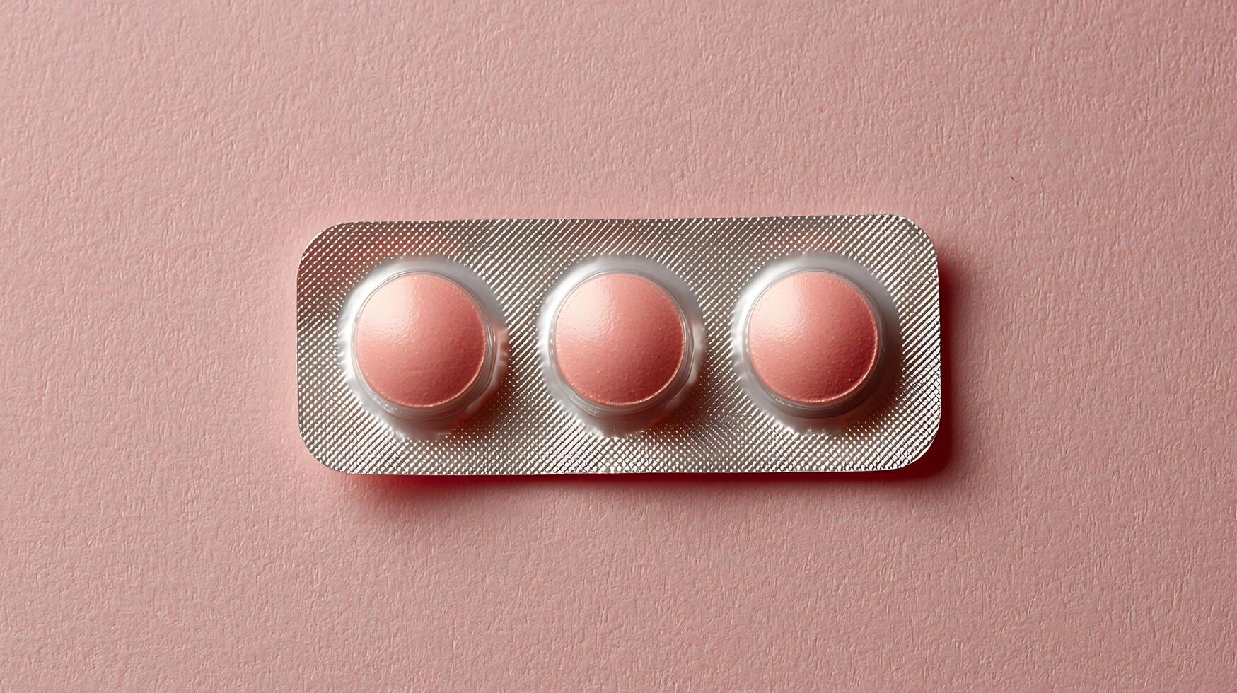 Three pink pills in blister pack on a pink background. photo