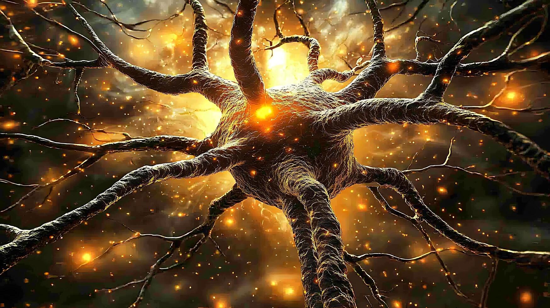 The intricate network of a glowing neuron with vibrant energy sparks. This detailed depiction captures the complex beauty of the human nervous system. photo