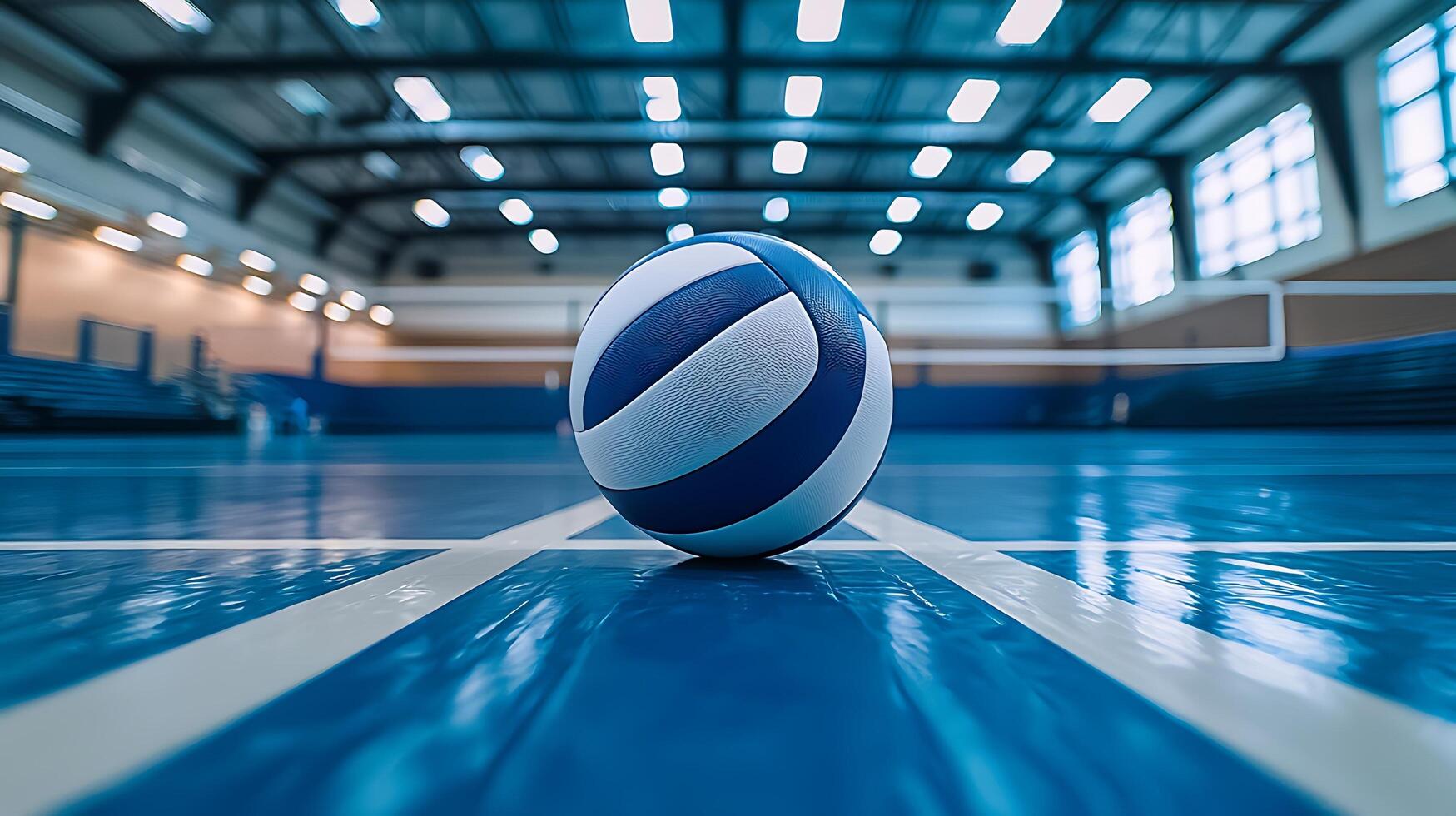 A detailed shot of a blue and white volleyball on a polished court. The image captures the essence of indoor sports and athletic competition with a shallow depth of field. photo