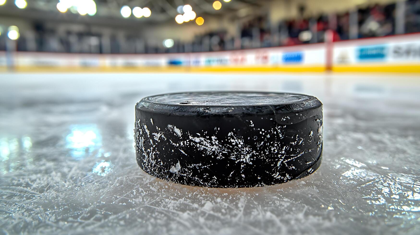 Hockey Puck on Ice with Blurred Arena Background. This image captures the detail of a worn hockey puck resting on a glistening ice rink, with the out of focus lights of a stadium in the background. photo