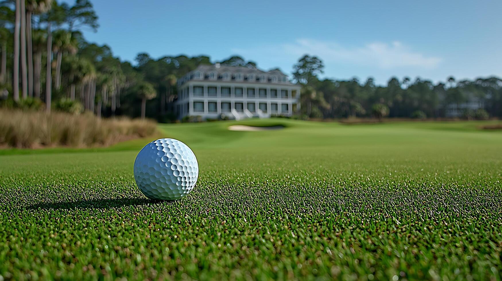 Golf ball on the green with a luxurious clubhouse in the background. photo