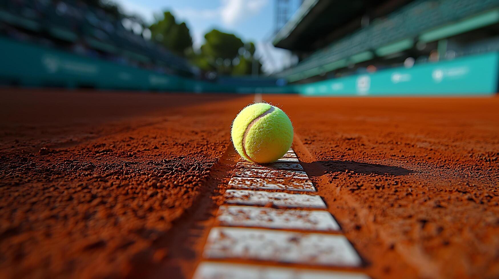 Tennis ball resting on the white line of a clay court, with stadium seating in the background. photo