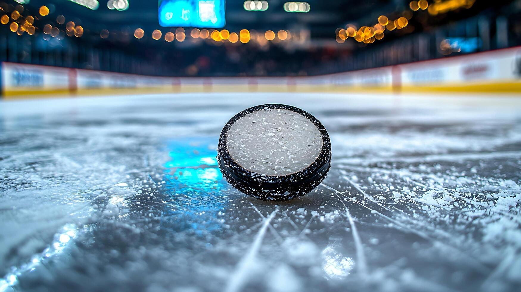 Extreme close up of a frozen hockey puck on ice with blurred rink lights in the background. This image captures the intensity and cold atmosphere of an ice hockey game. photo