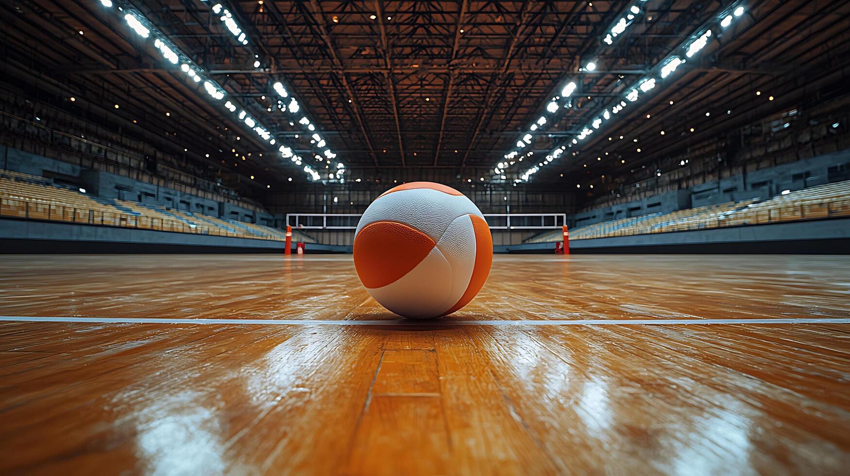 A lone volleyball rests on the gleaming wooden court of an empty stadium, awaiting the start of a match. The overhead lights cast a dramatic glow across the grandstand seating. photo