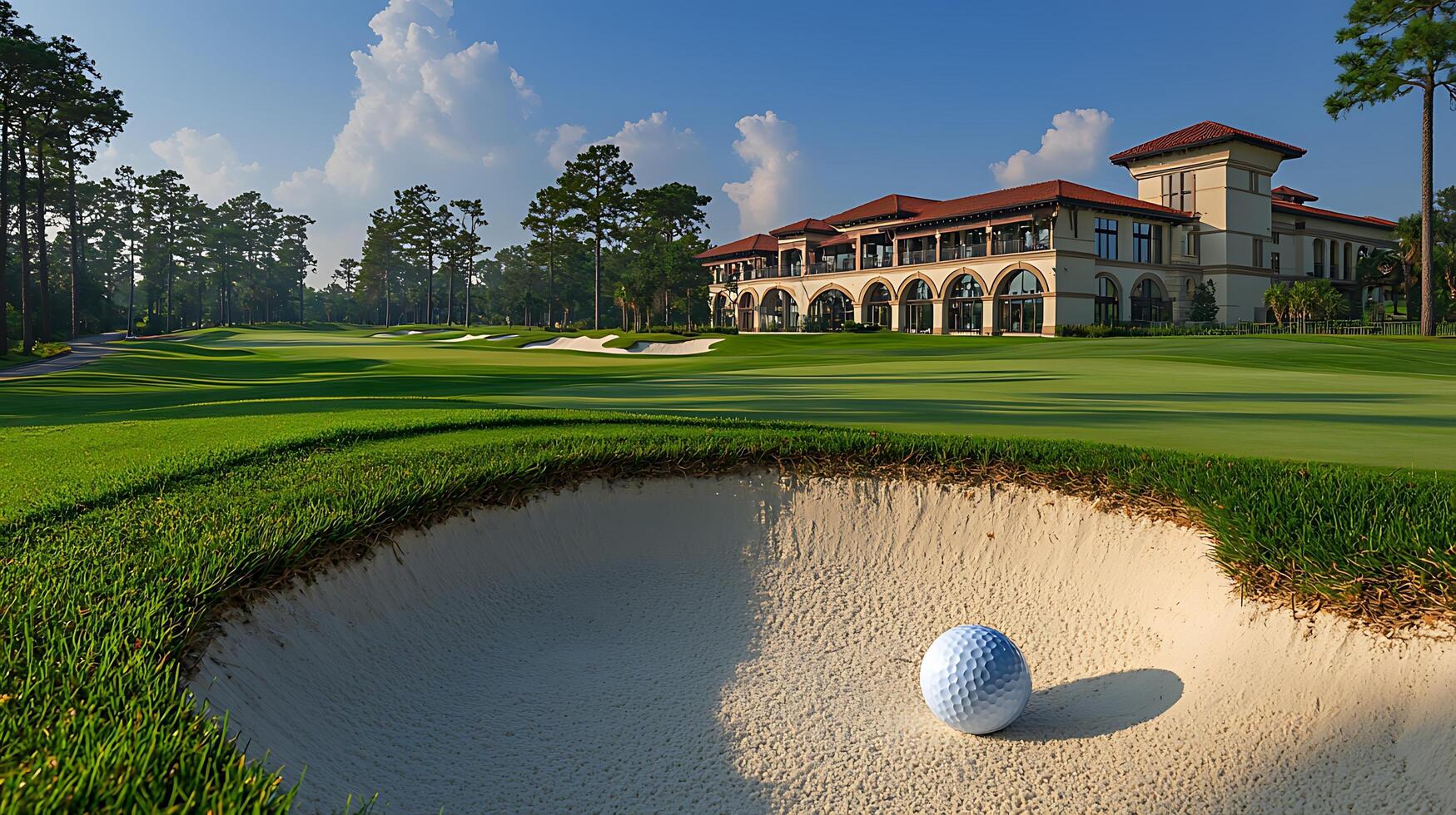 A golf ball sits in a sand trap on a manicured golf course with a luxury clubhouse in the background under a blue sky. photo