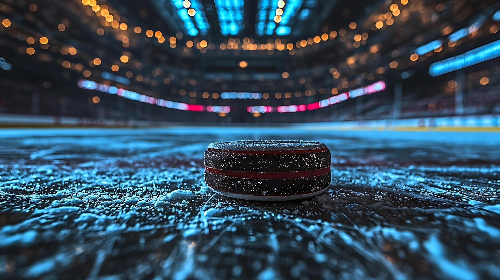 A single hockey puck rests on a frosty ice rink, with blurred stadium lights creating a vibrant backdrop. photo