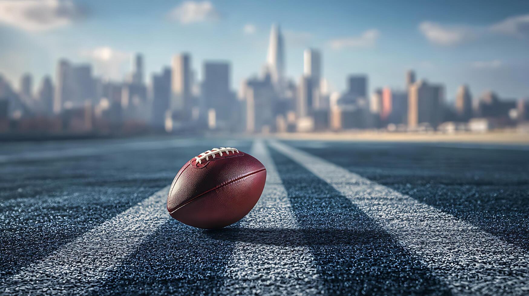 An American football rests on a city street with a blurred skyline in the background. photo