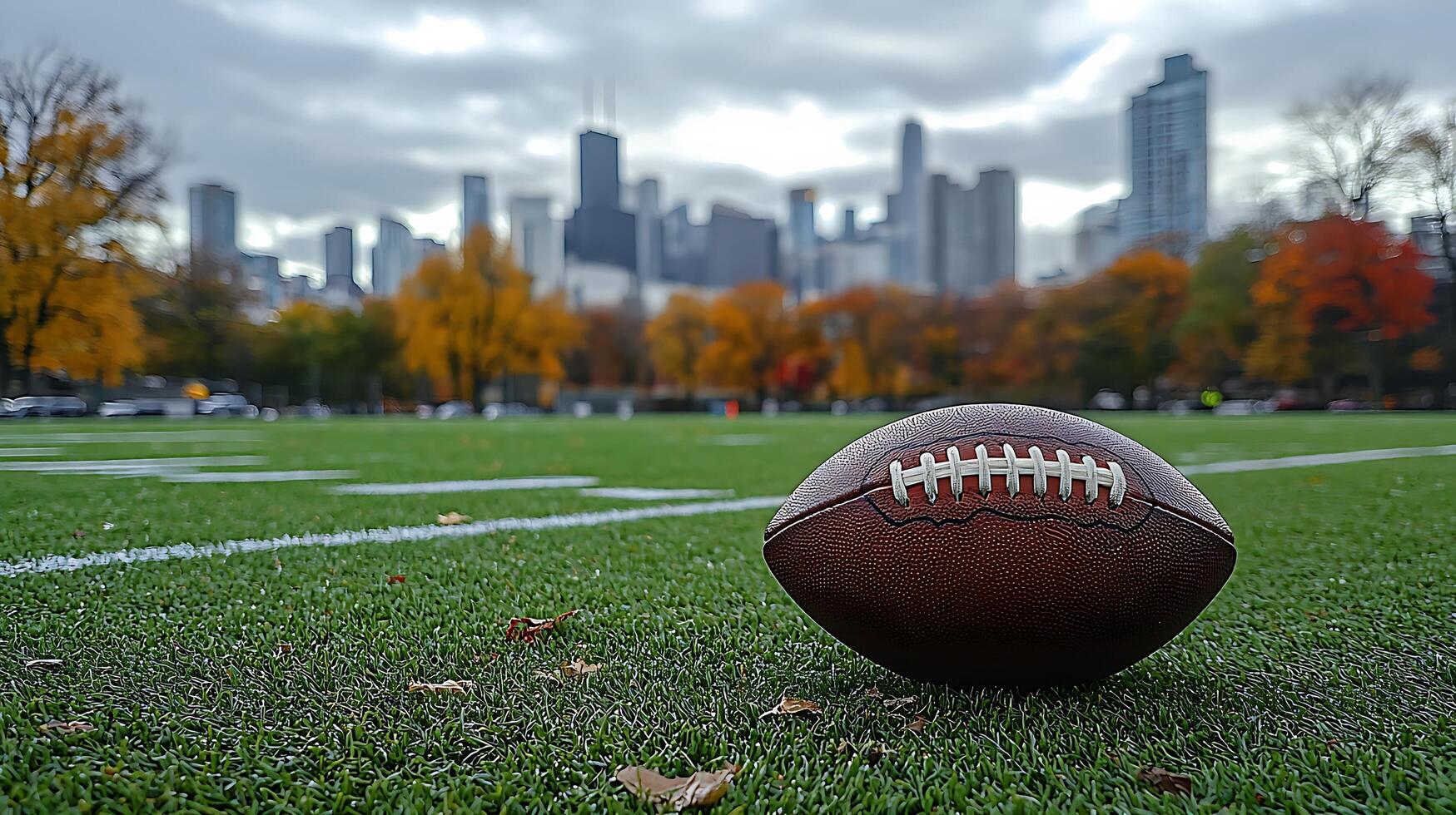American football on a grassy field with a city skyline in the background during autumn. photo