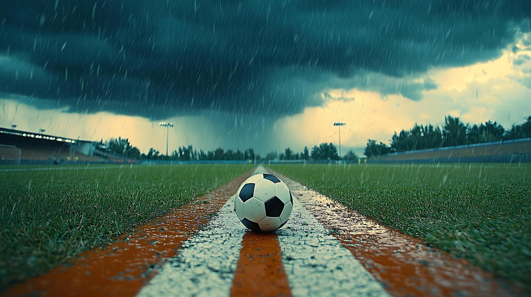A lone soccer ball sits on a wet field under a stormy sky with heavy rain falling. photo