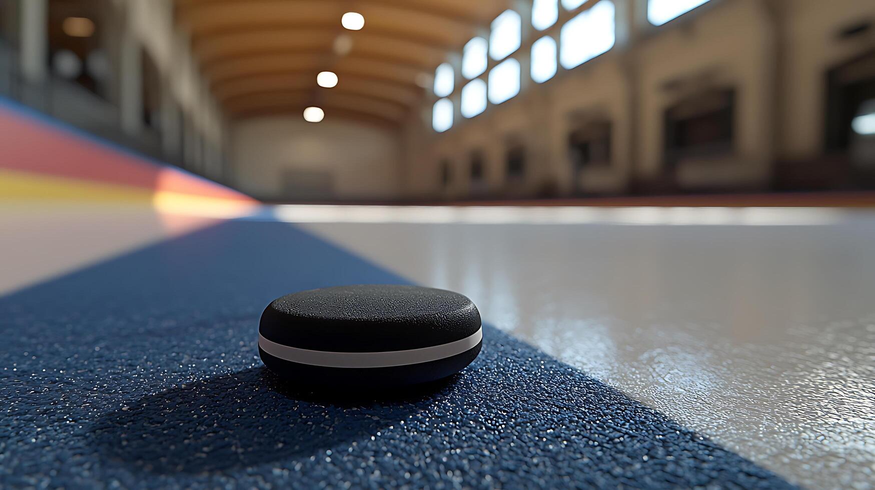 Curling Stone on the Ice Arena Close Up. This image captures the detail of a curling stone positioned on the textured ice surface of an arena. photo