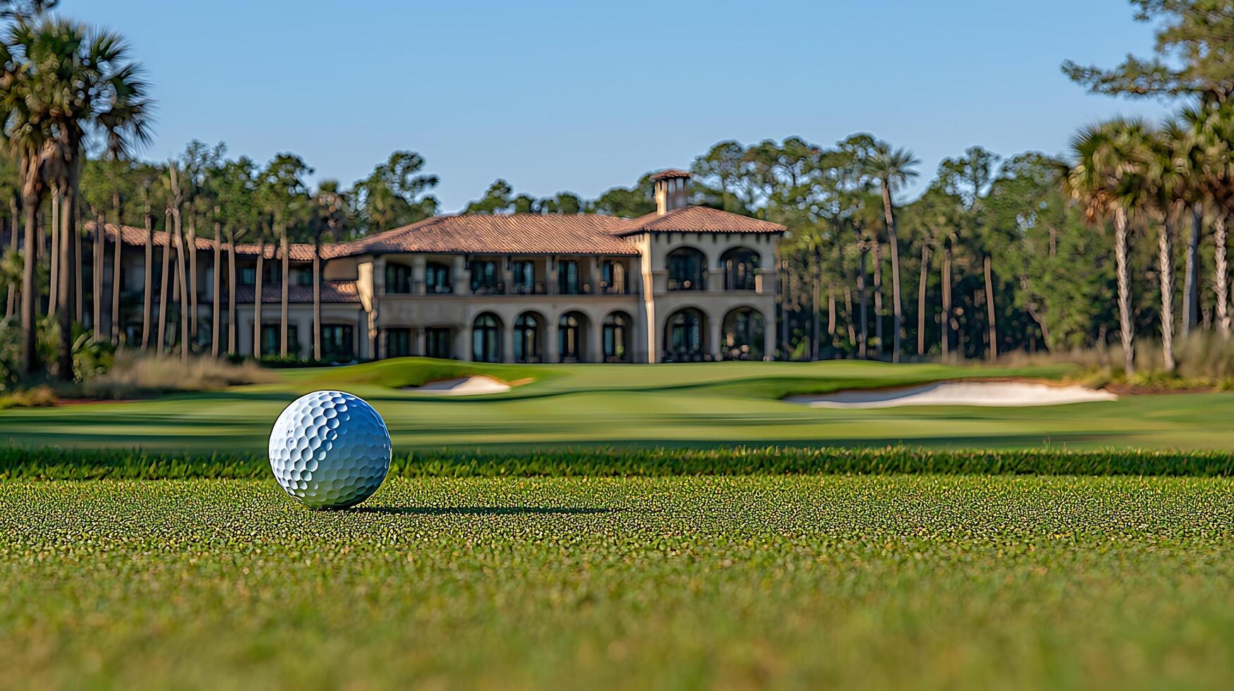 A Golf Ball on the Green in Front of a Clubhouse and Palm Trees. photo