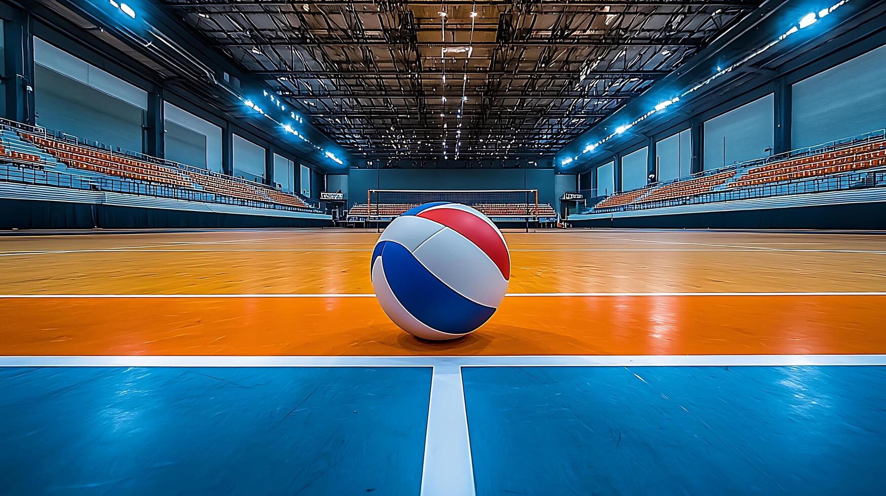 Volleyball Arena with Ball at Center Court. This image captures the anticipation of a game within a modern sports facility, showcasing the court and bleachers. photo