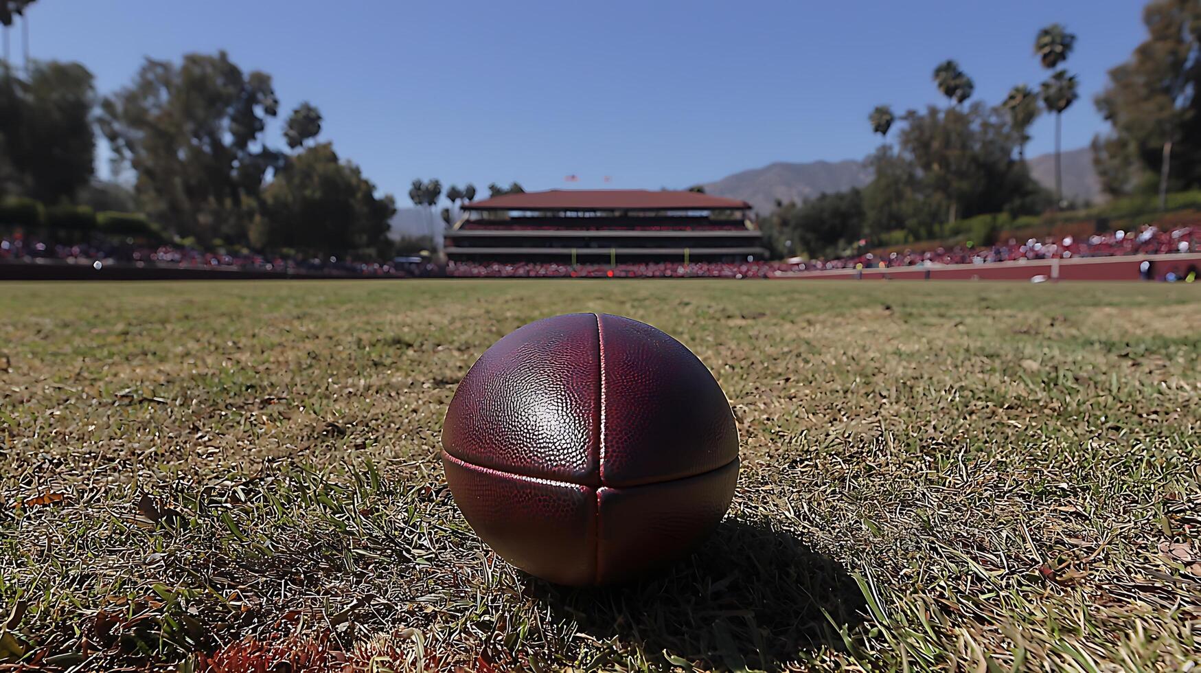 American Football on Field with Stadium and Mountains in Background. photo