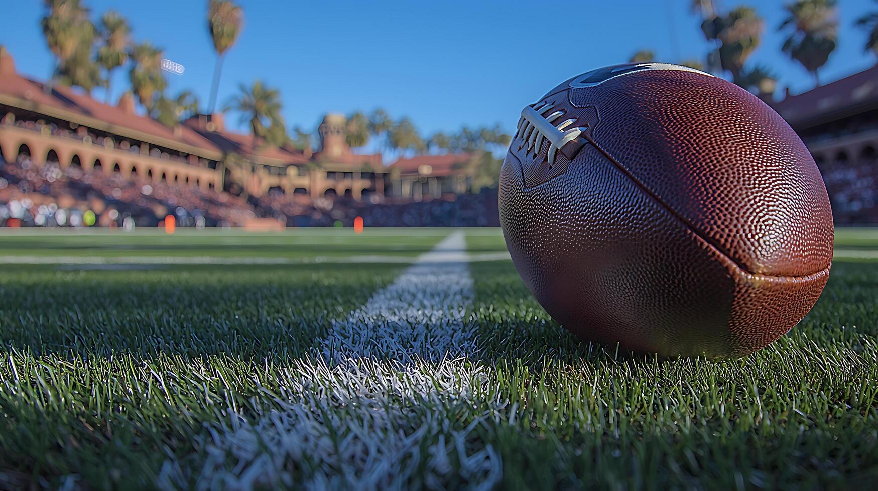 American Football on a Stadium Field with Blurred Background. photo