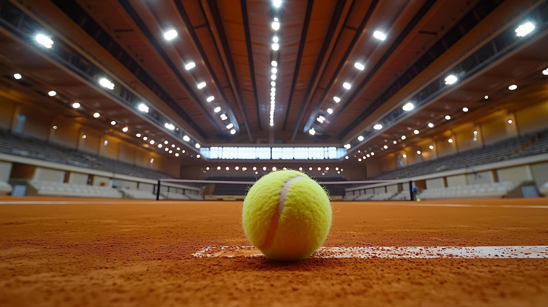 A close up of a tennis ball on a clay court, highlighting the texture and the stadium lights in the background. photo