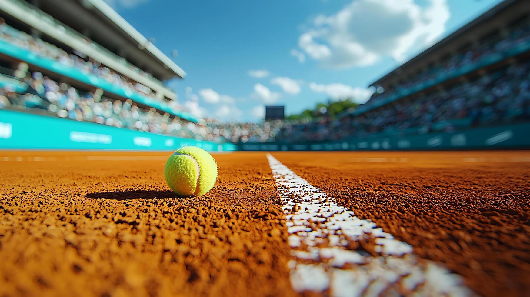 Close up of a tennis ball resting on a clay court with stadium seating blurred in the background. photo