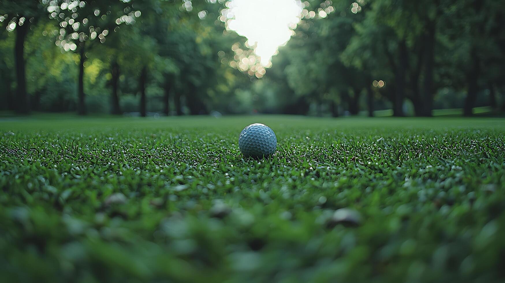 A single golf ball rests on a lush green golf course fairway, with trees and soft sunlight in the background. This image captures the tranquility and beauty of the game. photo