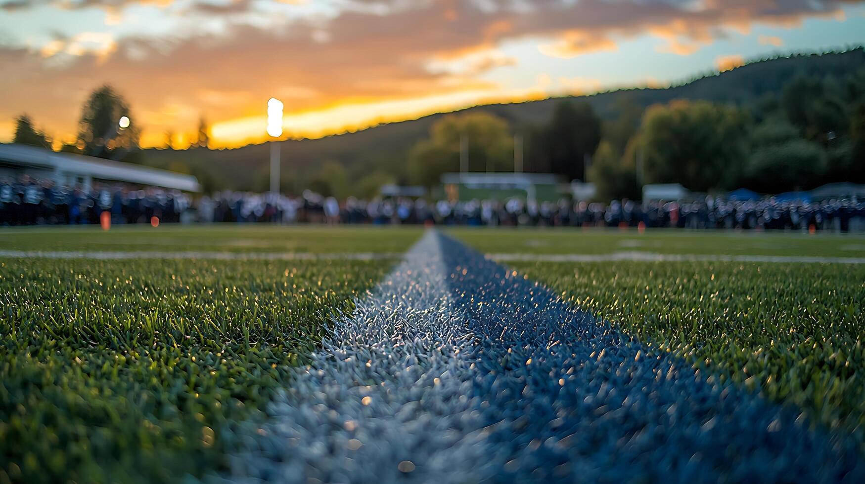 Close up of a football field line at sunset with a blurred crowd and warm sky. photo