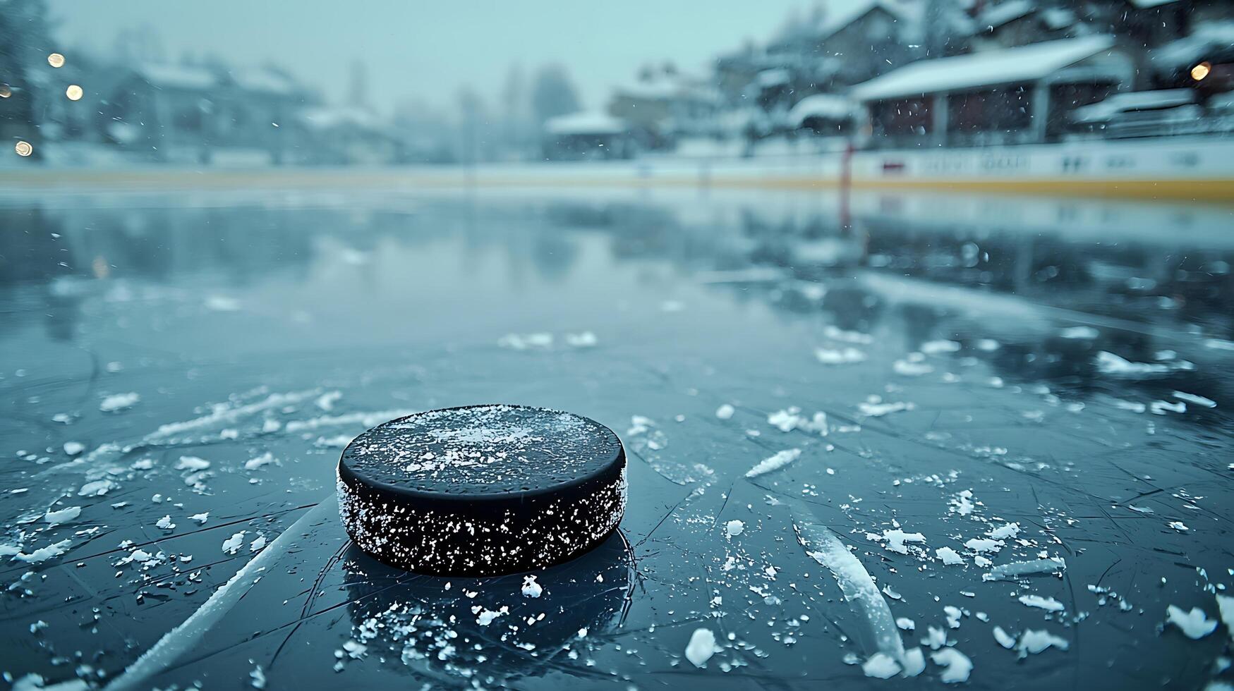 Close up of a hockey puck on a frozen ice rink during a snow flurry. photo