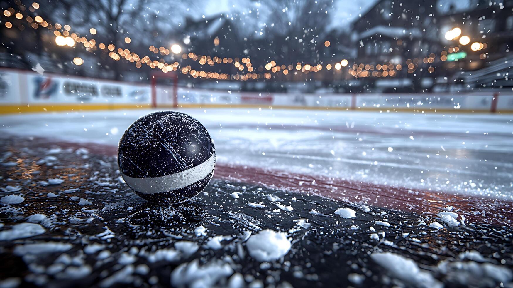 Hockey puck resting on a frozen ice rink at night with festive lights in the background. photo