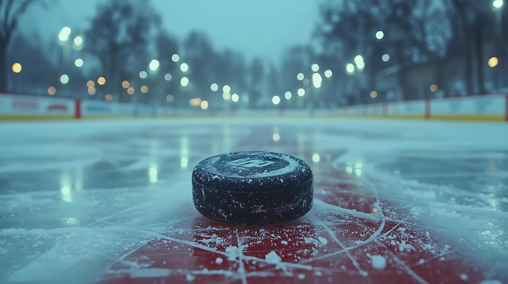A close up view of a hockey puck resting on a frosty ice rink under soft, blurred lights. This image captures the quiet anticipation of a winter sports game. photo