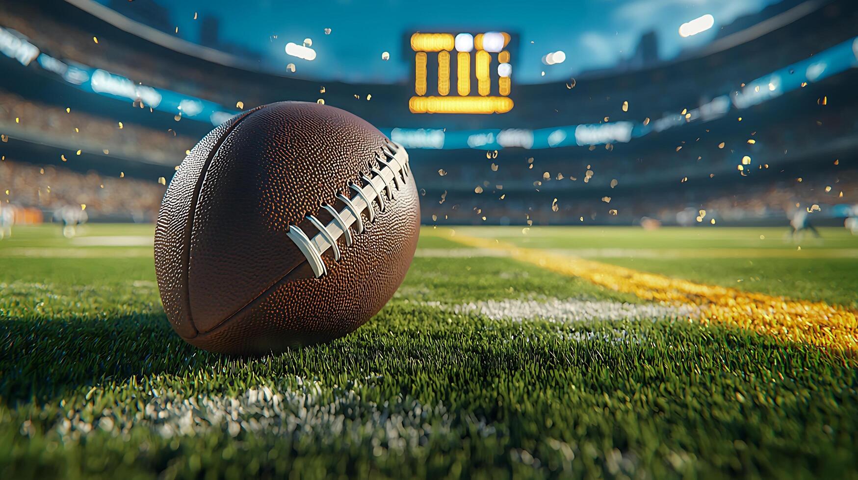 An iconic American football rests on the turf of a stadium during a celebratory moment with confetti in the air. photo